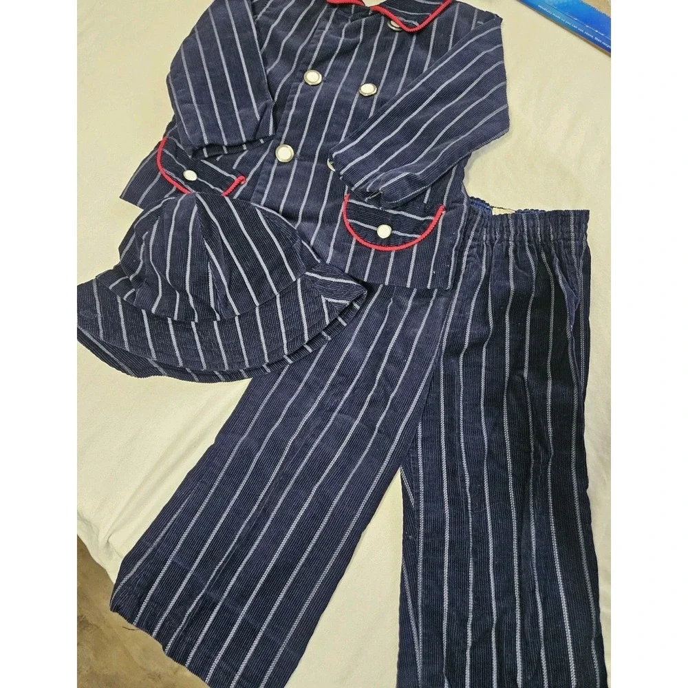 Vtg 70s By Thomas Blue Striped Corduroy 3 Pc Kids Suit Blazer Pants Hat Set 3T